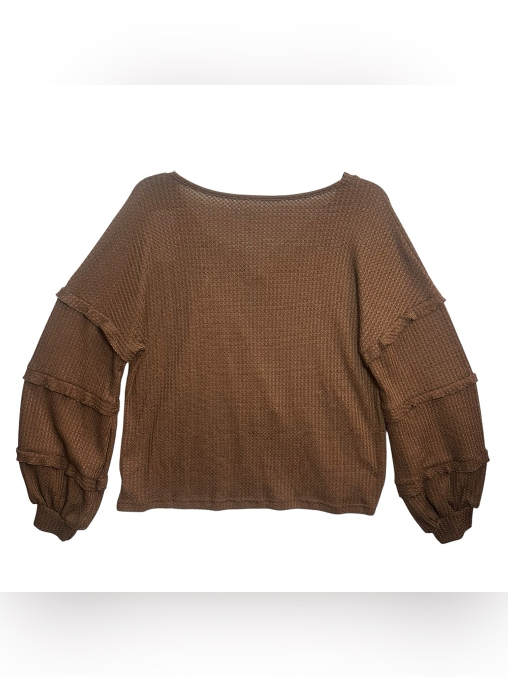 CUPSHE Brown Micro-Ruffle Puff Sleeve Waffle Knit Sweater Top Size S NWT - Picture 3 of 10